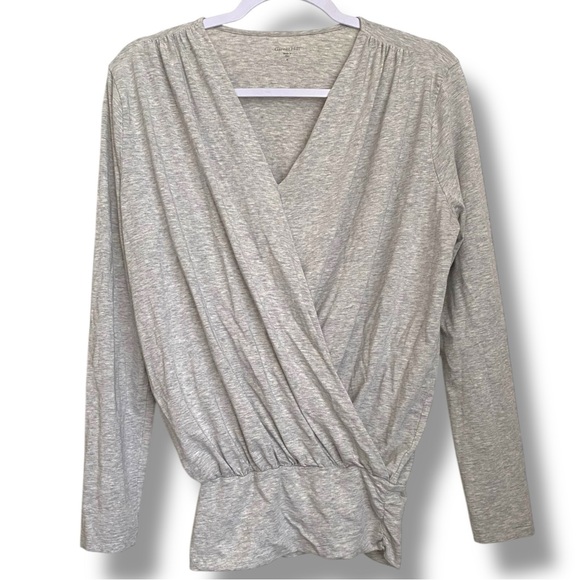 Garnet Hill Blouson Surplice Organic Pima Cotton Faux Wrap Long Sleeve Blouse - Picture 1 of 8